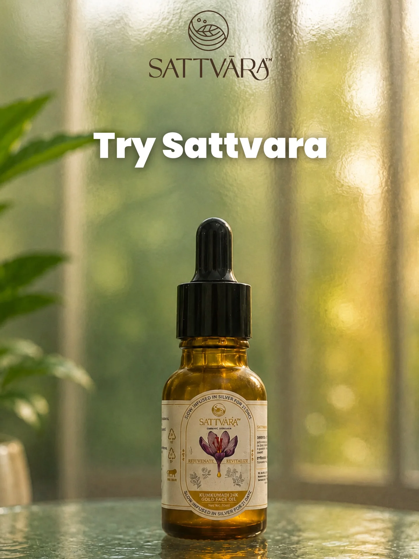 The Sattvāra face oil bottle in warm light.